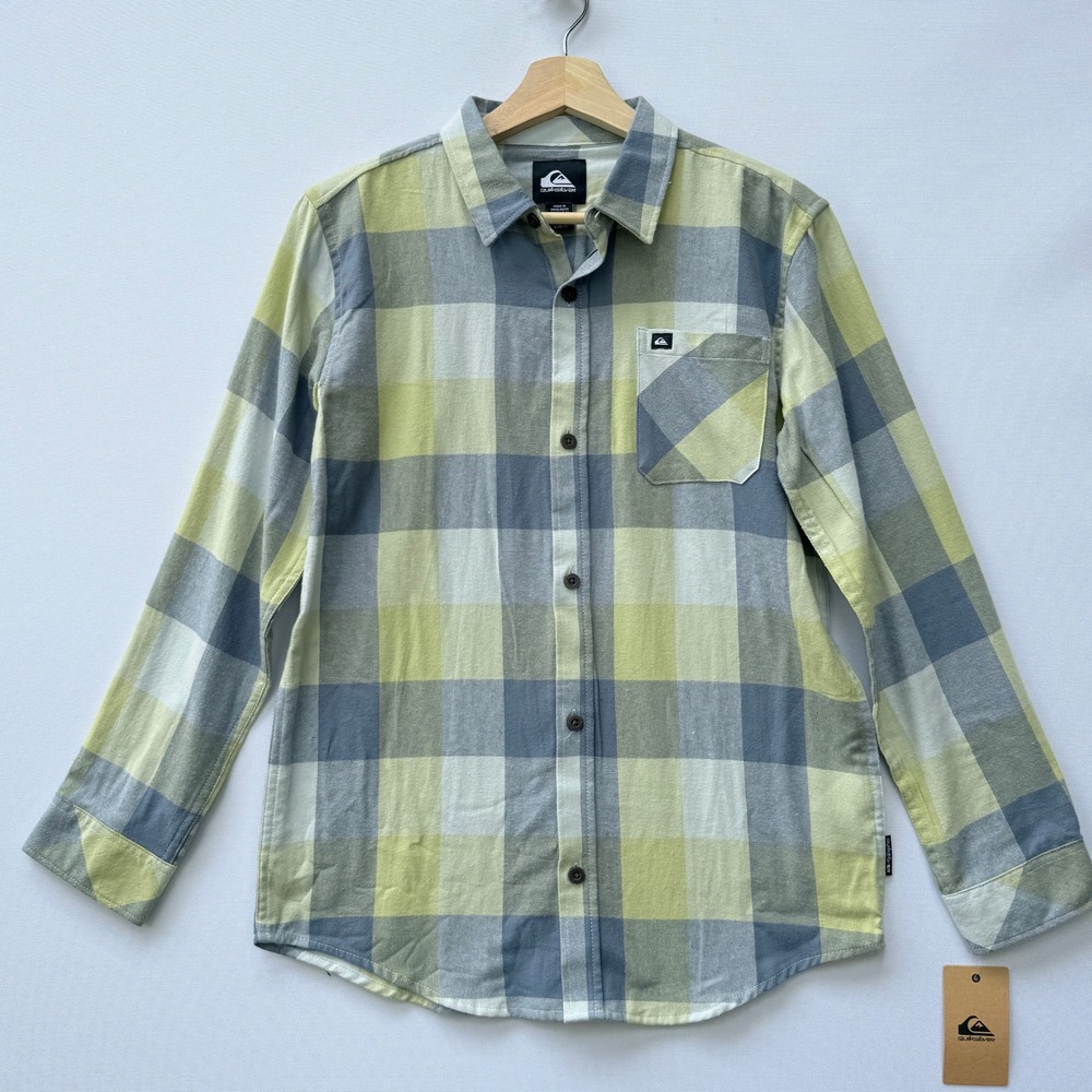 NEW Quiksilver‎ Boys Large Plaid Flannel Green Long Sleeve Shirt Skate Rugged